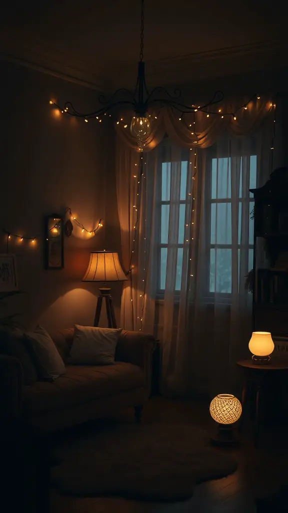 25+ Stunning Dark Feminine Decor Ideas for Your Room 16 A cozy dark feminine room with layered lighting, featuring a chandelier, string lights, a floor lamp, and decorative lamps.