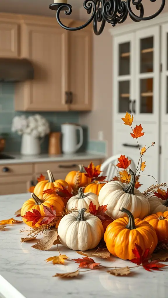 21+ Stunning Fall Kitchen Decor Ideas to Elevate Your Space 6 A kitchen table decorated with orange and white pumpkins and autumn leaves.