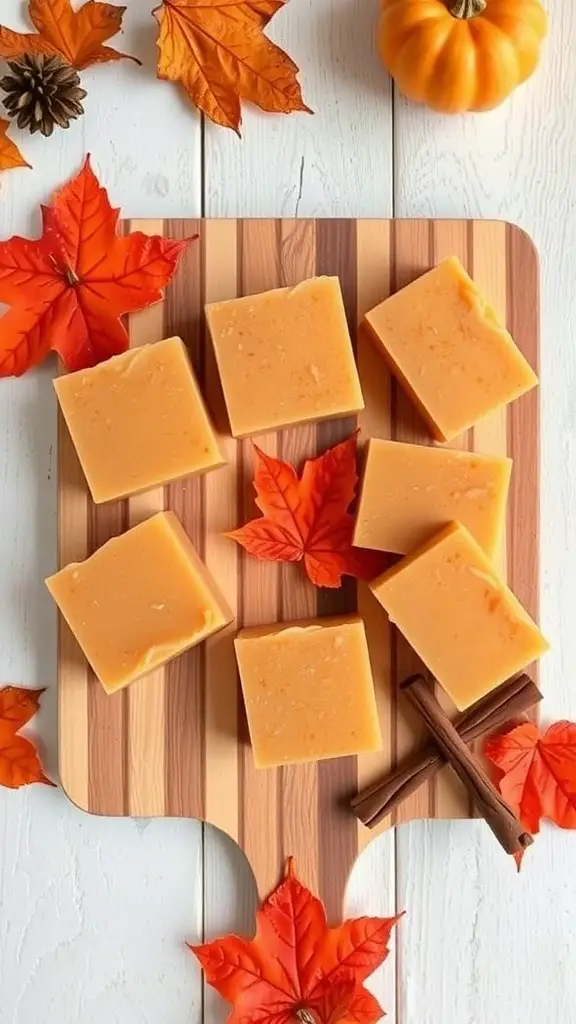 21+ Spooky and Creative Halloween Crafts for Adults 8 Pumpkin spice soap bars on a wooden board with autumn leaves and a small pumpkin
