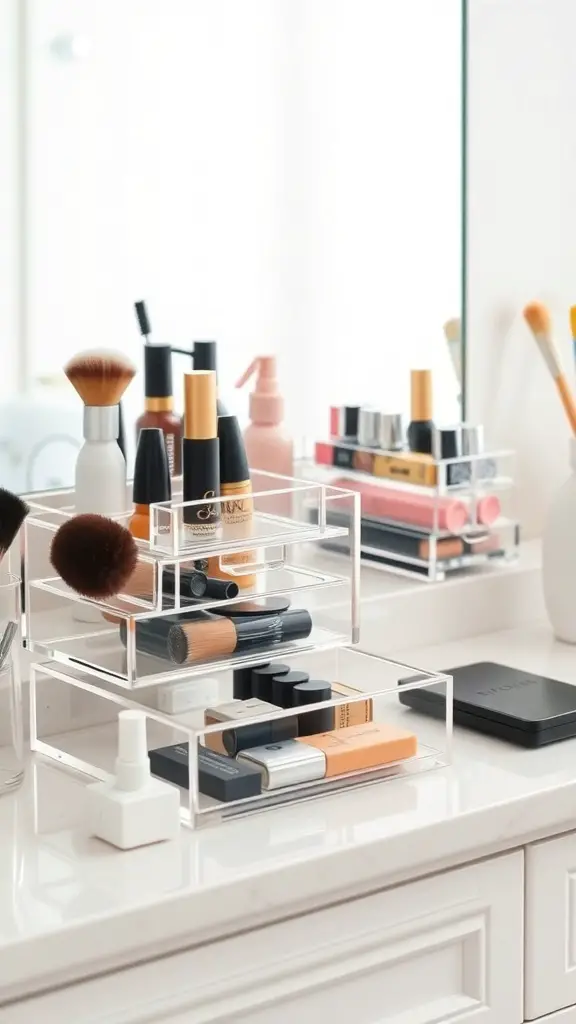 27+ Creative Vanity Organization Ideas You’ll Love 11 A clear acrylic makeup organizer on a vanity holding various beauty products.