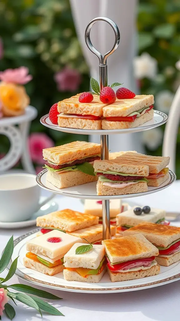 21+ Delightful Garden Tea Party Ideas for Your Next Event 11 A tiered stand filled with gourmet finger sandwiches, topped with strawberries and mint leaves, set in a garden.