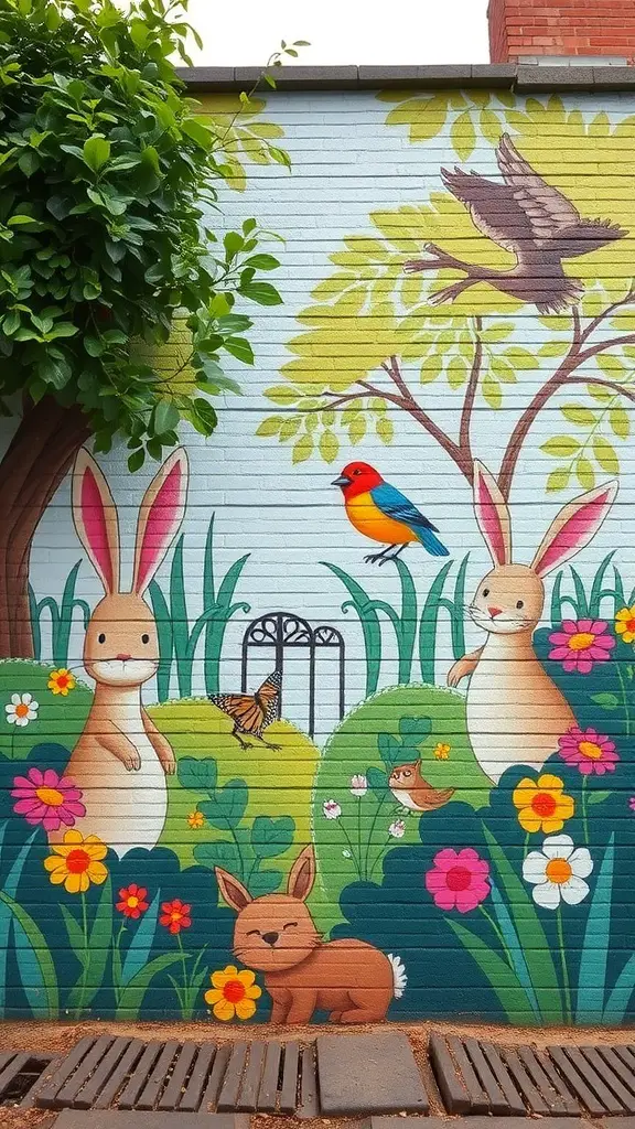 23+ Stunning Garden Mural Ideas to Transform Your Outdoor Space 6 A colorful mural featuring whimsical animal characters including birds and rabbits among flowers.