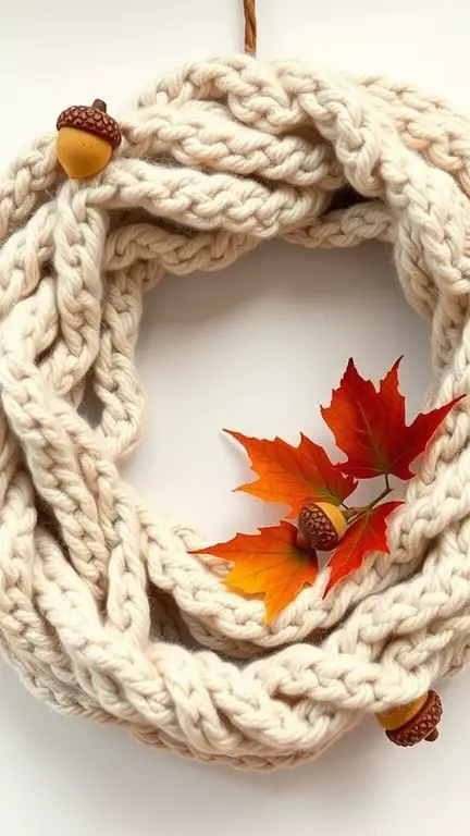23+ Stunning Fall Wreath Ideas to Welcome the Season 3 A cozy yarn wreath made of chunky knit material, adorned with acorns and autumn leaves.