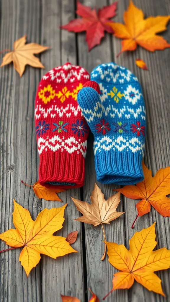 37+ Charming Fall Sewing Projects to Cozy Up Your Home 2 A pair of colorful knitted mittens on a wooden surface surrounded by autumn leaves.