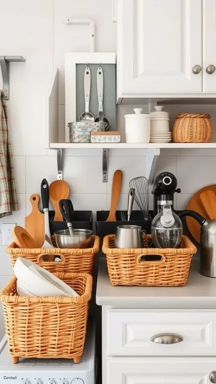21 Creative Kitchen Appliance Storage Solutions You Need to Try 14 A kitchen countertop with woven baskets storing utensils and kitchen tools.
