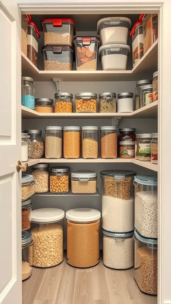 25+ Creative Corner Kitchen Pantry Ideas You’ll Love 13 Organized corner kitchen pantry with clear containers holding various ingredients.