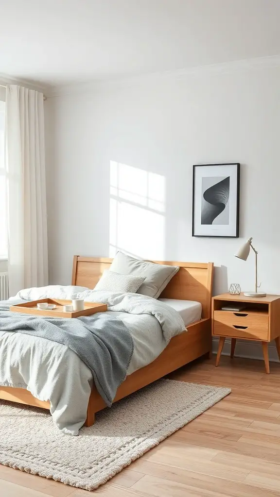 25+ Must-Have Items for a Cozy Scandinavian Bedroom 6 A Scandinavian bedroom featuring a wooden bed with soft bedding, a bedside table with a lamp, and a cozy rug on the floor.