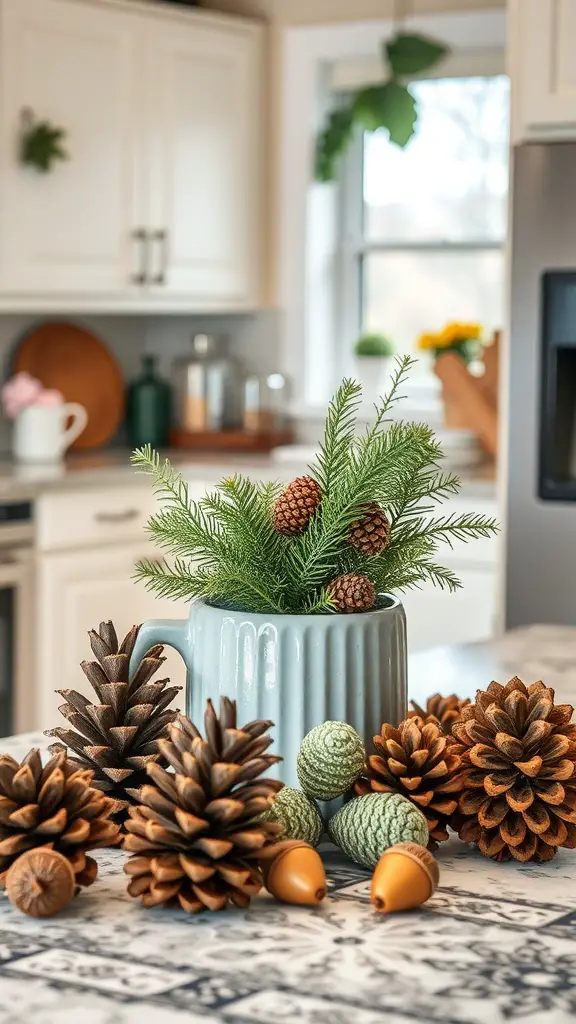 21+ Stunning Fall Kitchen Decor Ideas to Elevate Your Space 14 A cozy kitchen scene featuring a blue vase with greenery and pinecones, surrounded by more pinecones and acorns on a countertop.