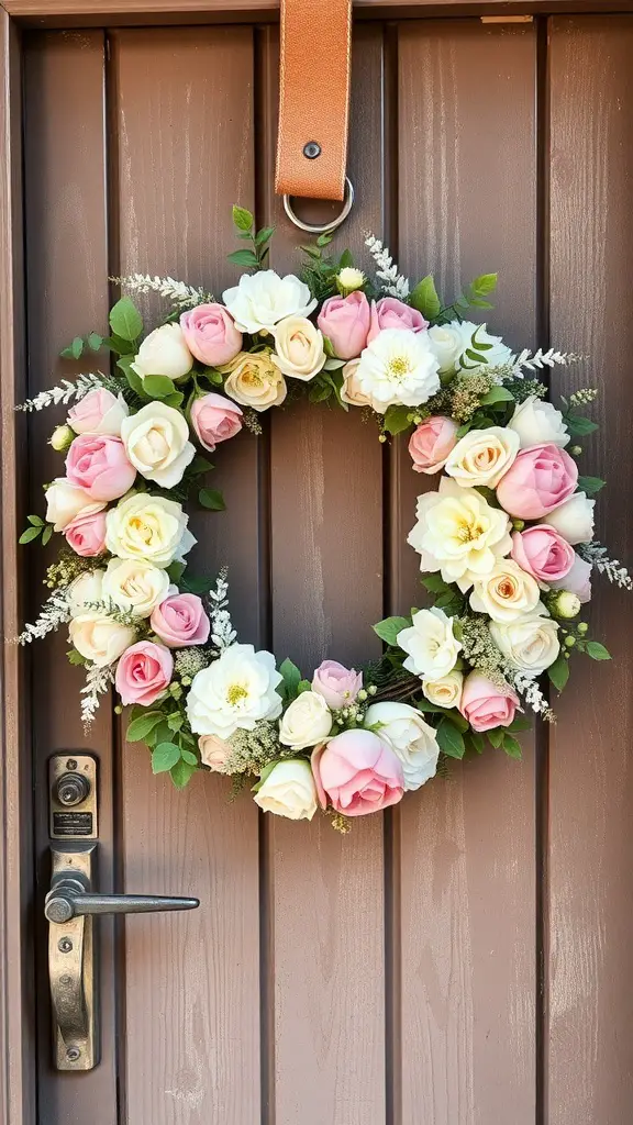 A chic blush pink floral wreath with roses and greenery hanging on a door