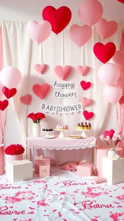19+ Creative Baby Shower Themes to Celebrate February Babies 4 A beautifully decorated baby shower setup with heart-shaped balloons, a cheerful banner, and sweet treats.