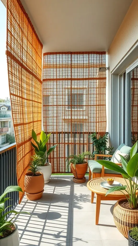 A balcony with woven privacy screens and potted plants, creating a cozy and stylish atmosphere.