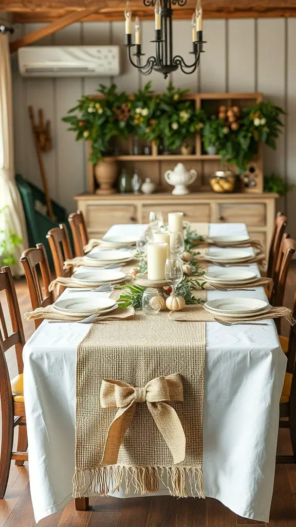 A rustic dining table set with a burlap runner and natural decor