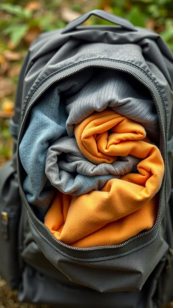 Neatly rolled clothes inside a backpack