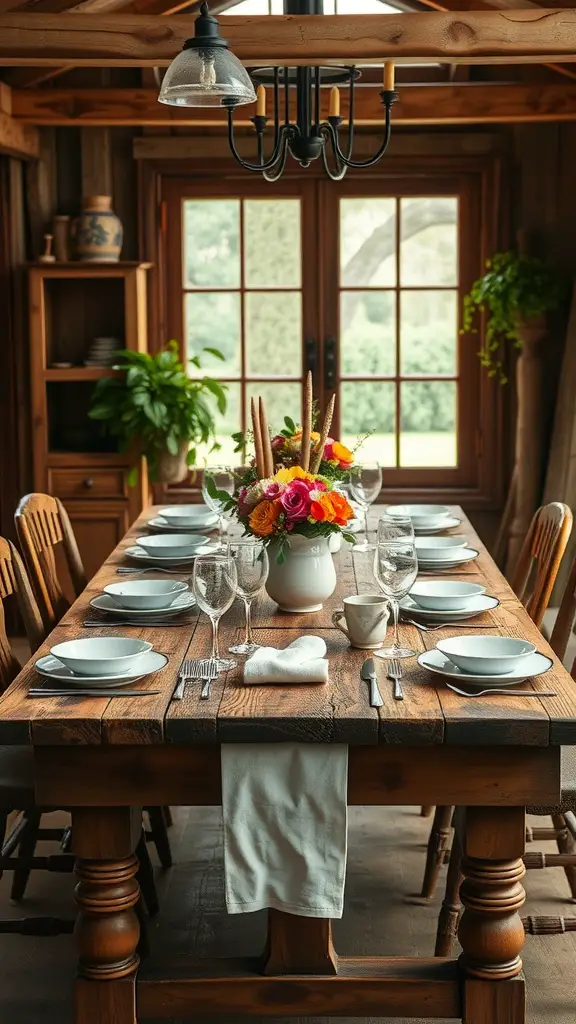 33+ Vintage Farmhouse Kitchen Ideas You'll Love 11 A rustic wooden farmhouse table set with fresh flowers, elegant dishware, and natural light streaming through windows.