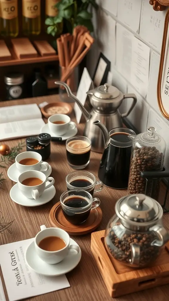 19+ Adorable Coffee-Themed Bridal Shower Ideas You’ll Love 4 A beautifully arranged coffee tasting station with various coffee cups, brewing equipment, and coffee beans.