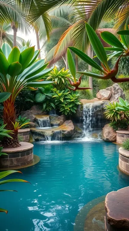 37+ Stunning Backyard Pool Design Ideas to Transform Your Outdoor Space 7 A tropical pool design featuring waterfalls, surrounded by lush greenery and palm trees.