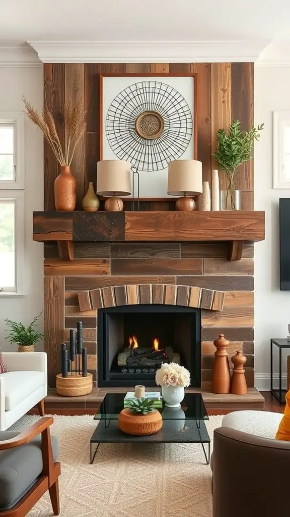25+ Cozy Living Room Fireplace Ideas for a Warm Atmosphere 5 A cozy living room featuring a wooden and stone fireplace with a decorative mantel, wall art, and stylish decor.