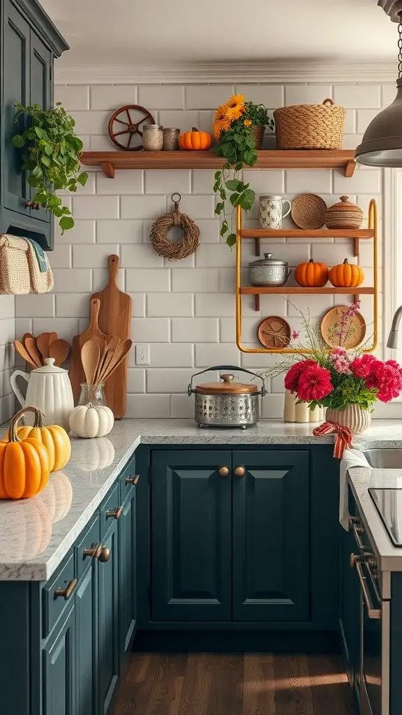 21+ Enchanting Cottagecore Kitchen Ideas to Transform Your Space 17 A cozy cottage core kitchen decorated with pumpkins, flowers, and natural materials.