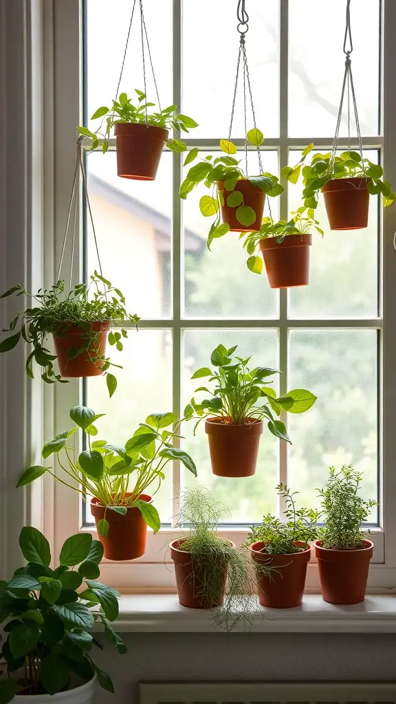 21+ Stunning Fall Kitchen Decor Ideas to Elevate Your Space 17 A collection of hanging herb pots arranged by a window, showcasing various green plants.