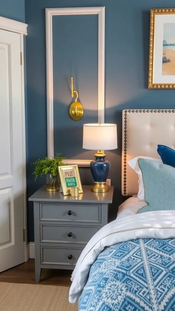 19+ Inspiring Blue and Cream Bedroom Ideas for a Cozy Retreat 20 A blue and cream bedroom featuring a stylish nightstand with a gold lamp, clock, and decorative items.