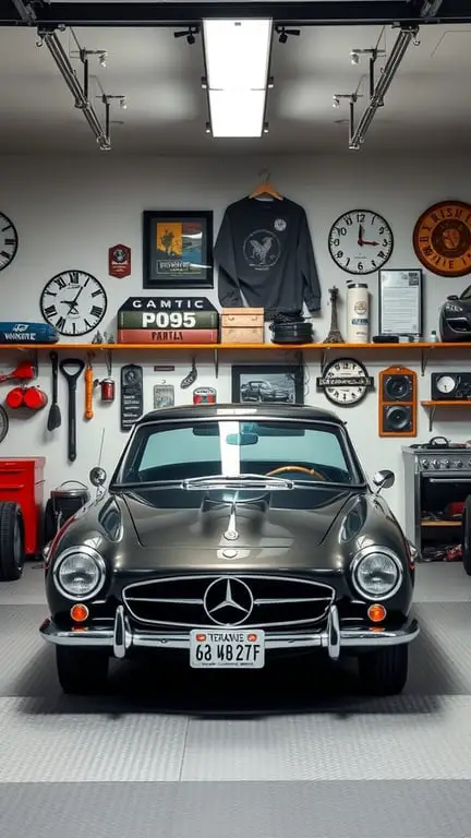 19+ Ultimate Garage Man Cave Ideas You Need to See 5 A vintage car displayed in a well-decorated garage man cave, surrounded by memorabilia and tools.