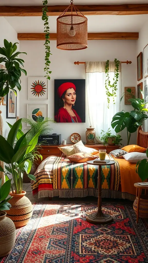 A cozy bedroom featuring modern bohemian decor with vibrant colors, plants, and artistic elements.