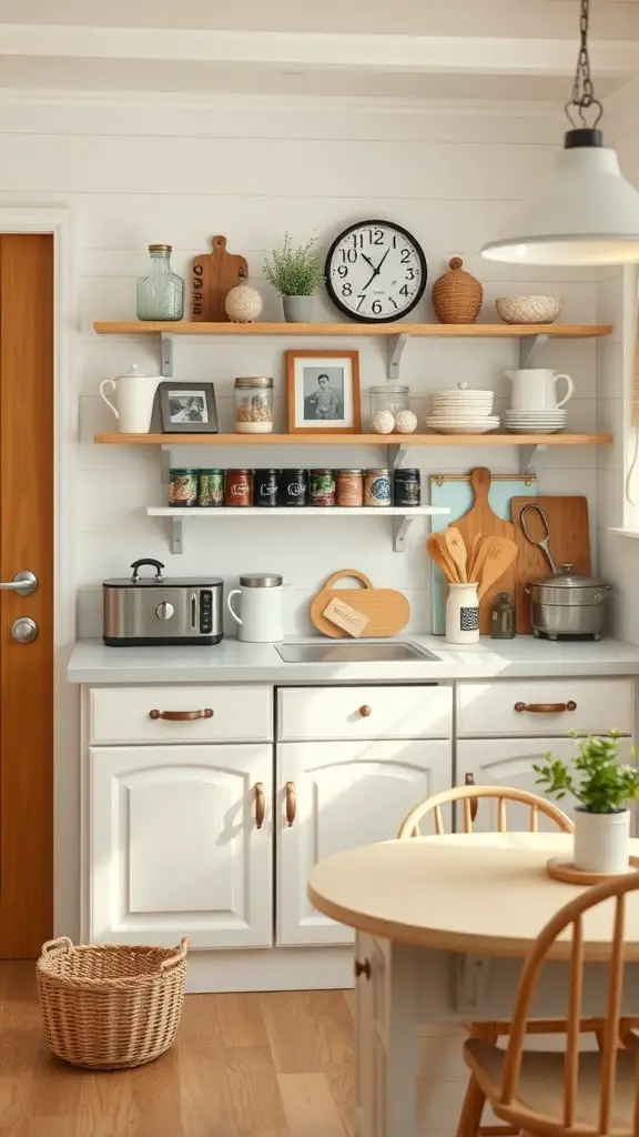 A cozy small cottage kitchen with personalized decor, featuring open shelves, family photos, and a warm color palette.