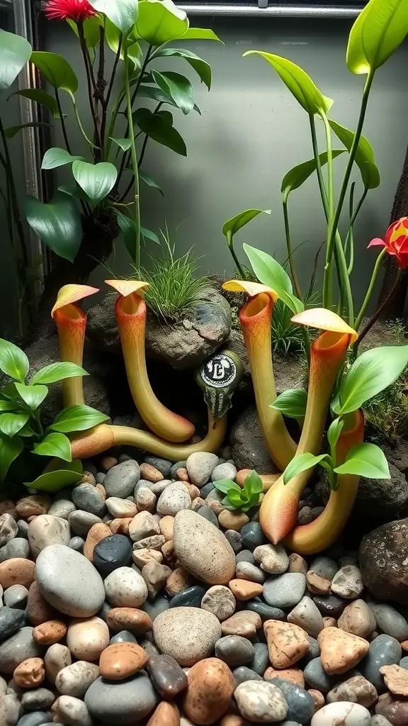 A terrarium featuring Sarracenia pitcher plants, surrounded by rocks and greenery.