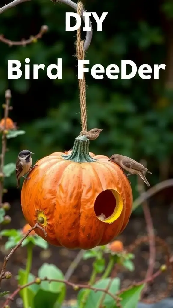 25+ Unique Fall Pumpkin Crafts to Try This Season 2 A DIY bird feeder made from a pumpkin, with two birds feeding from it.