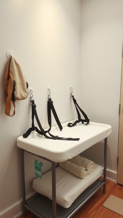21+ Creative Baby Changing Station Ideas for Every Nursery 11 A baby changing station with safety straps and hooks for bags.