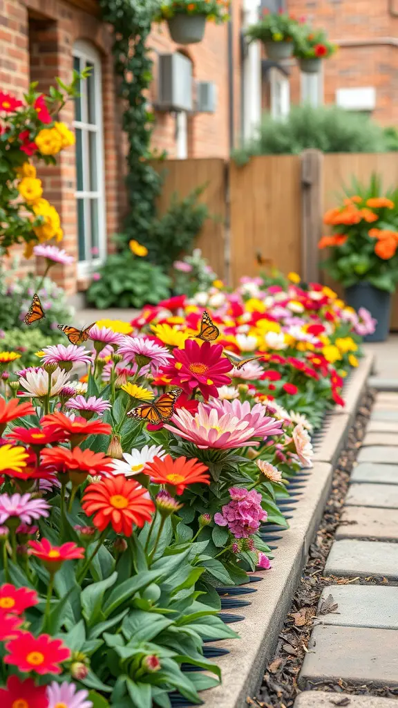 23+ Creative Small City Backyard Ideas for Your Outdoor Space 17 Vibrant flower beds with various colors and butterflies in a small city backyard.
