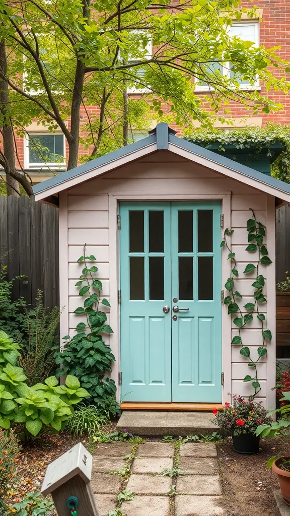 23+ Creative Small City Backyard Ideas for Your Outdoor Space 9 A stylish garden shed with pastel pink walls and blue doors, surrounded by greenery and flowers.