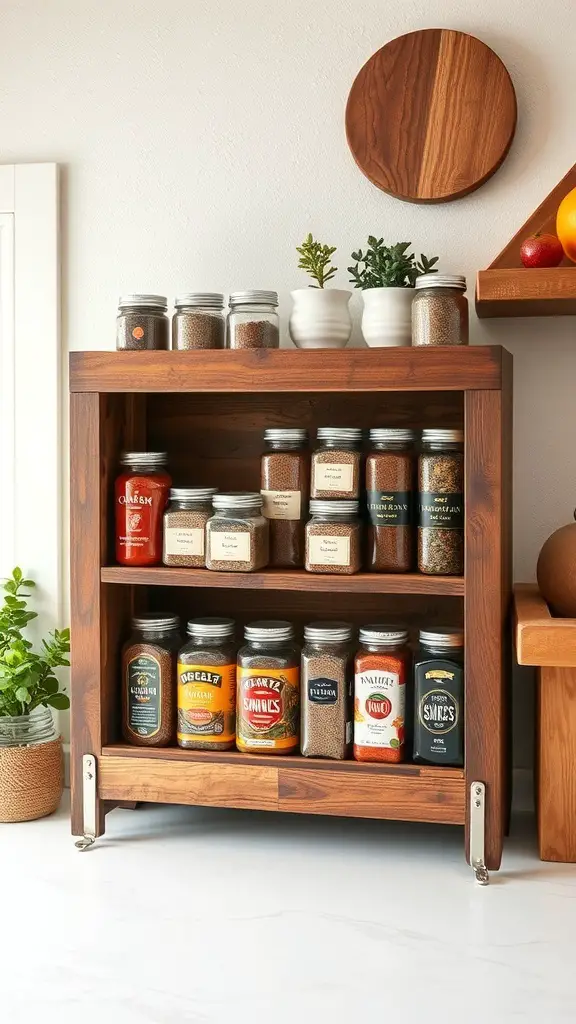 19+ Creative Spice Rack Ideas to Organize Your Kitchen 9 A DIY spice rack made from reclaimed wood, featuring neatly organized spice jars and decorative plants.