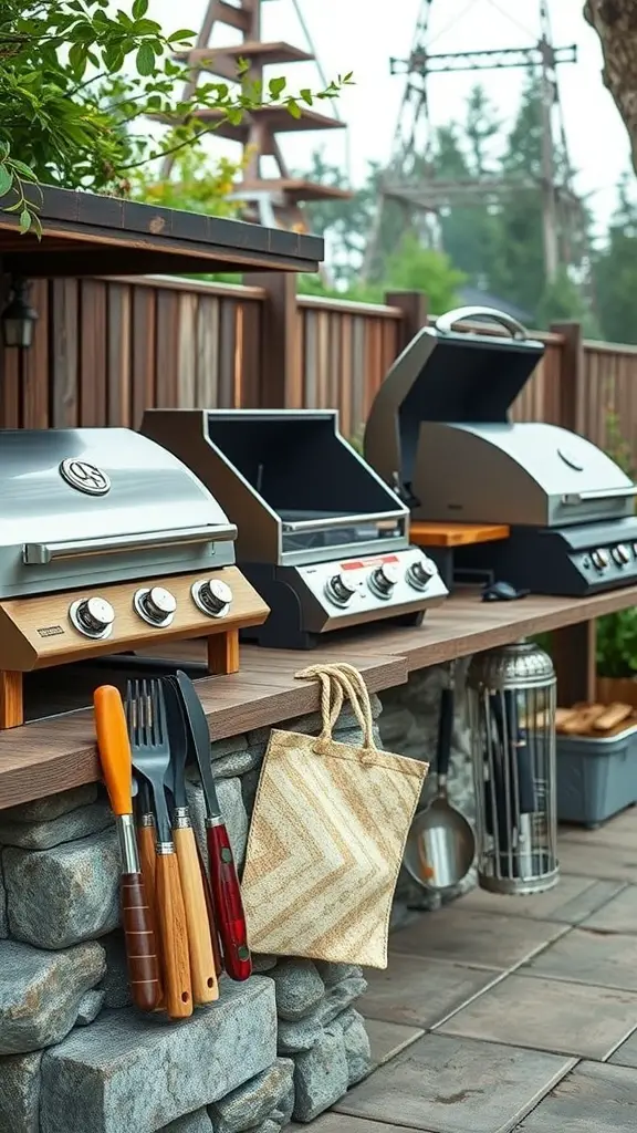 A variety of outdoor grills displayed on a stone countertop, with grilling tools hanging nearby.