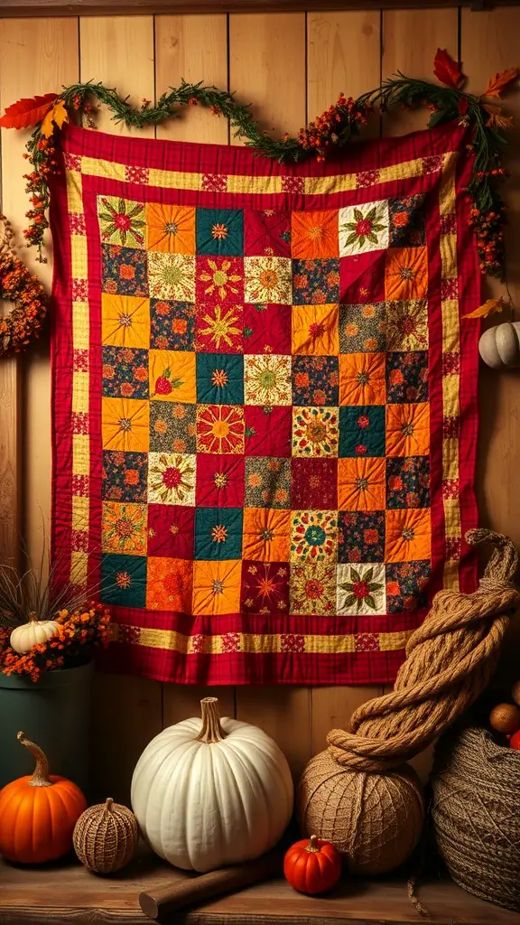 23 Vintage Fall Decor Ideas to Warm Your Home 6 A colorful vintage quilt displayed as wall art, surrounded by pumpkins and autumn decorations.