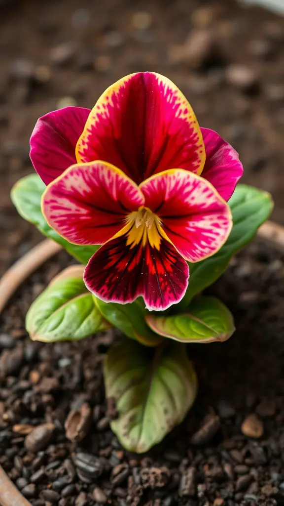 A vibrant African violet with pink and yellow flowers in dark soil mixed with coffee grounds.
