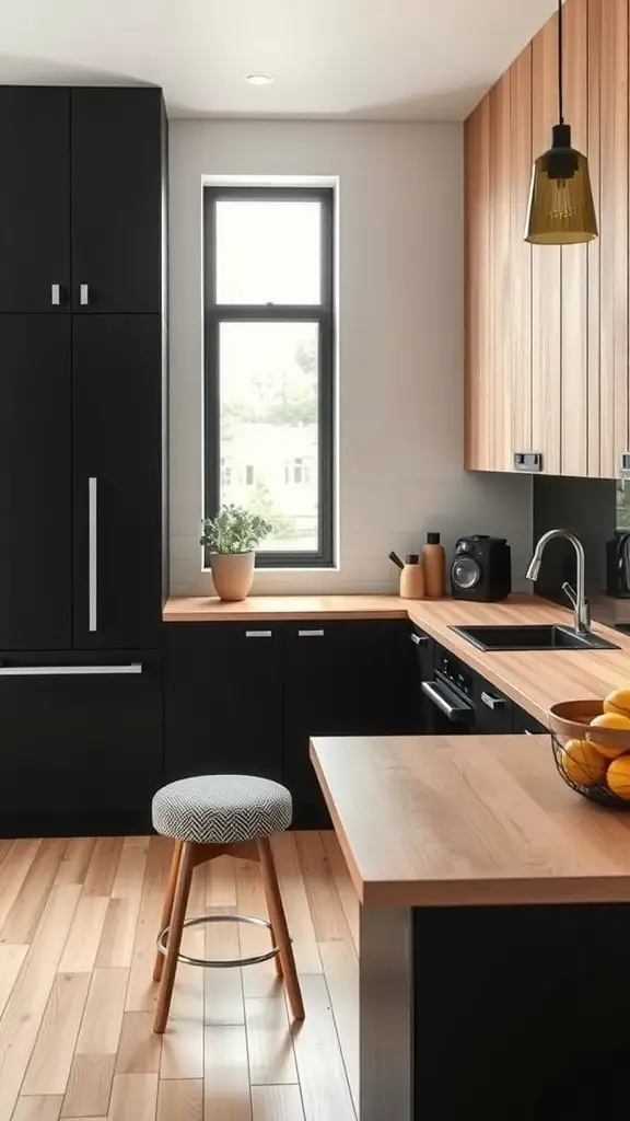 27+ Stunning Black and Natural Wood Kitchen Designs You’ll Love 9 A modern kitchen featuring black cabinets and natural wood countertops, with a window allowing natural light in.