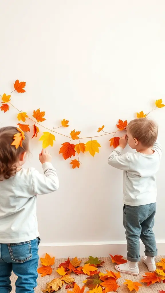 25+ Creative Fall Crafts for Toddlers 16 Two toddlers creating an autumn leaf garland on a wall, surrounded by fallen leaves.