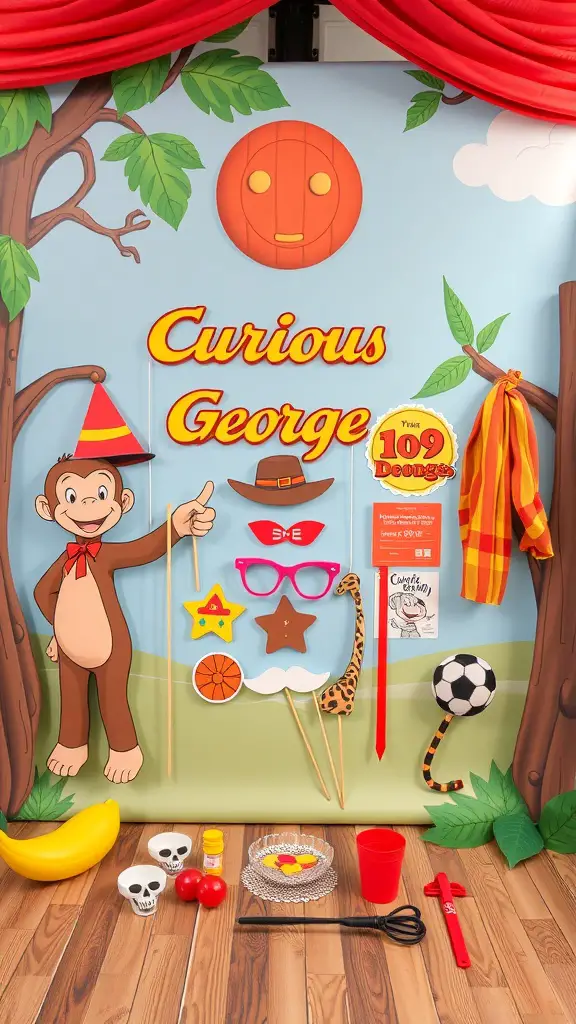 23+ Creative Curious George Birthday Party Ideas for a Fun Celebration 9 Curious George themed photo booth with props and colorful backdrop