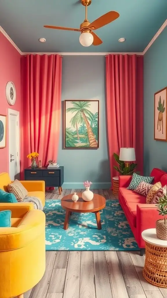 A colorful living room featuring pink and blue walls, yellow chairs, and a coral sofa.