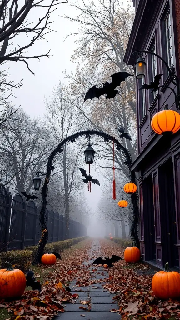 A Halloween archway with bats, pumpkins, and lanterns, surrounded by fog and autumn leaves.