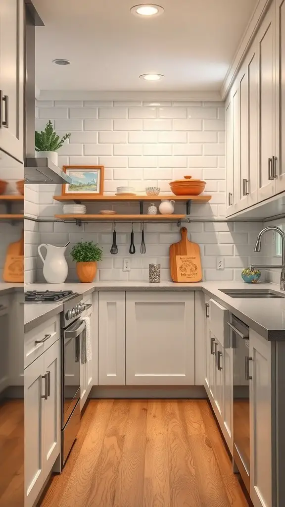 23+ Creative Bloxburg Kitchen Ideas to Transform Your Space 12 A functional galley kitchen with white cabinets, open shelving, and wooden flooring.