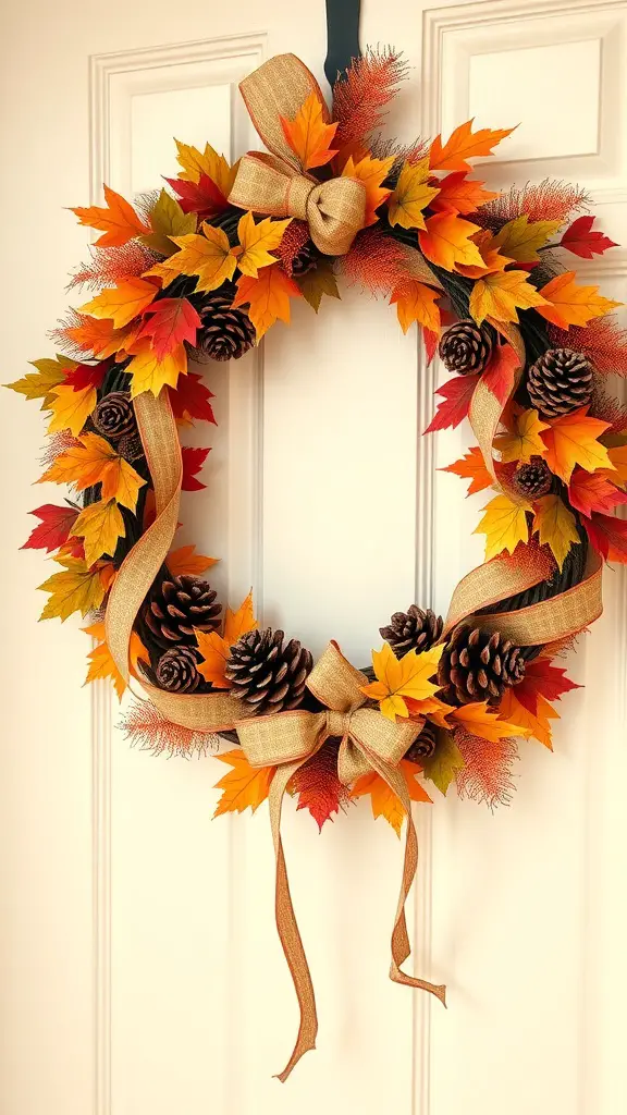 25+ Must-Try Fall Crafts for Adults 2 A handmade fall wreath featuring colorful leaves, pinecones, and a golden bow.