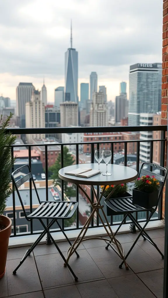 23+ Stylish Apartment Balcony Ideas for Your Outdoor Oasis 14 A cozy bistro table setup for two on a balcony with a city skyline view.