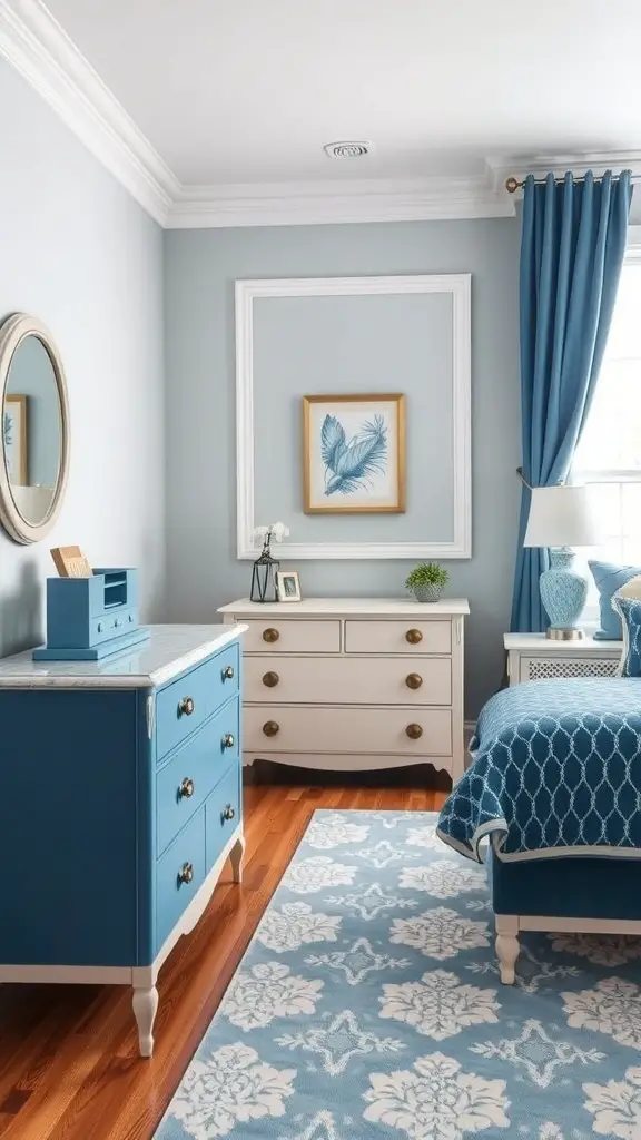 19+ Inspiring Blue and Cream Bedroom Ideas for a Cozy Retreat 14 A stylish bedroom featuring blue and cream furniture, with a blue dresser, nightstand, and patterned rug.