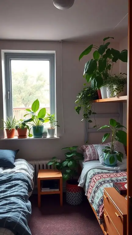 17 Stylish Small Dorm Room Ideas for Limited Spaces 14 A small dorm room with two beds, decorated with various indoor plants on shelves and windowsills.