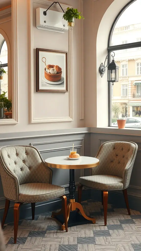 21 Unique Coffee Corner Ideas to Enhance Your Home Decor 12 A cozy coffee corner featuring two tufted chairs and a round table with a pastry, illuminated by natural light.