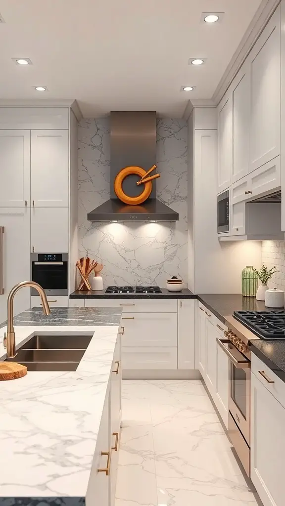 23+ Creative Bloxburg Kitchen Ideas to Transform Your Space 9 Luxurious high-end kitchen with white cabinetry, marble countertops, and gold accents.