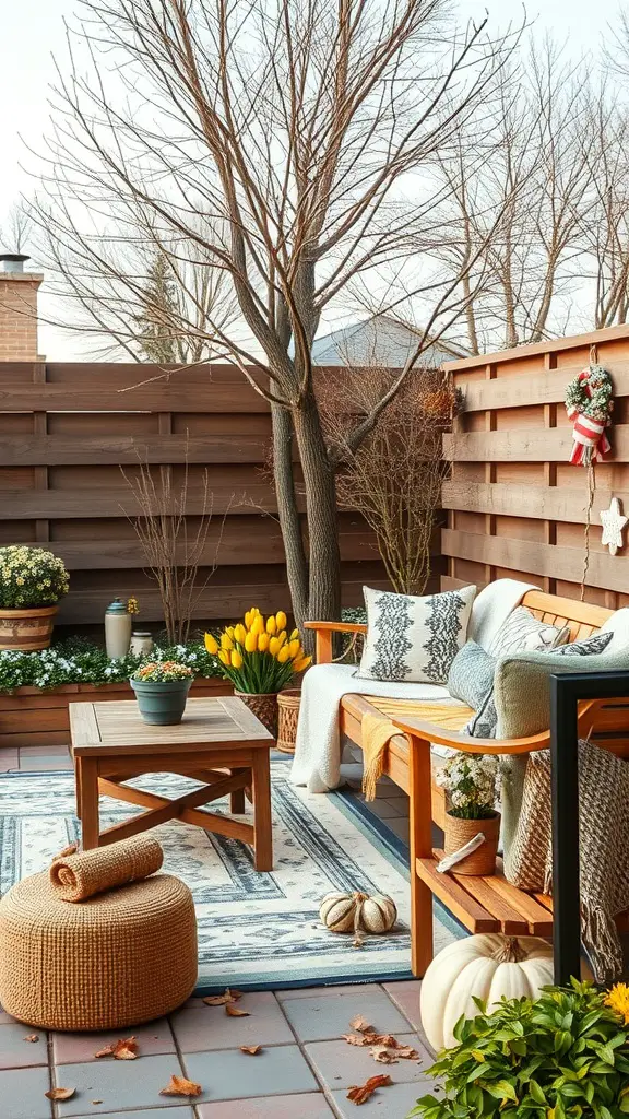 Cozy outdoor seating area with wooden bench, pillows, throw blanket, and fall decorations.