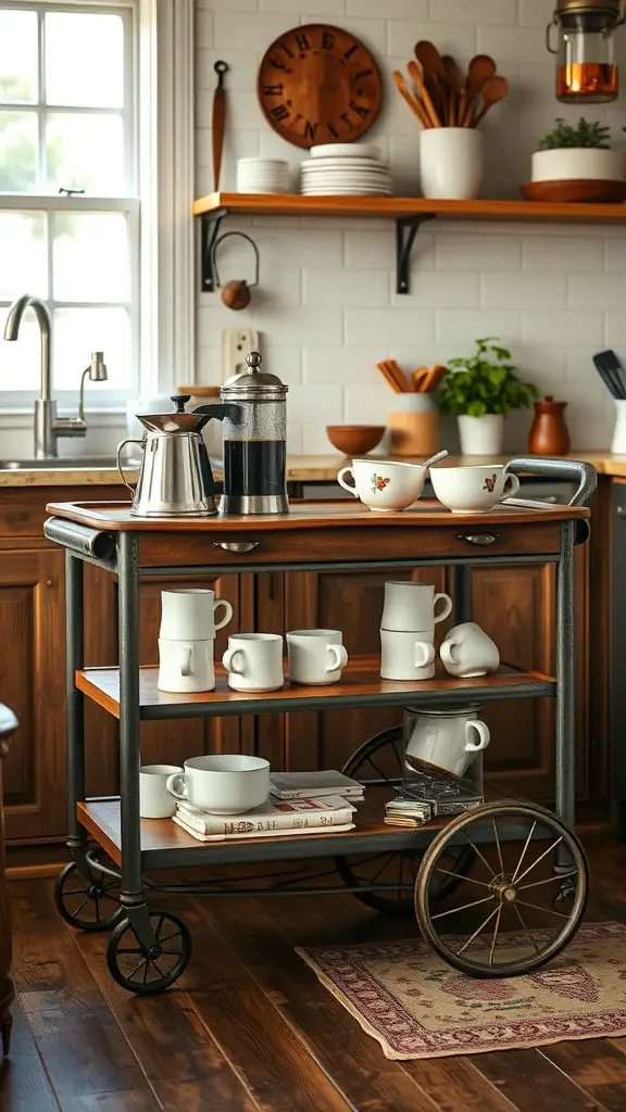 27+ Charming Small Coffee Bar Ideas to Transform Your Space 9 A vintage coffee cart with wooden shelves, a French press, and white mugs in a cozy kitchen.